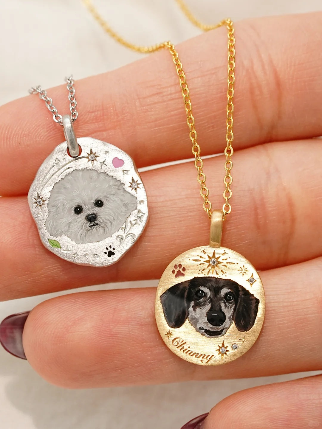 Custom pet portrait pendant necklaces worn on hand