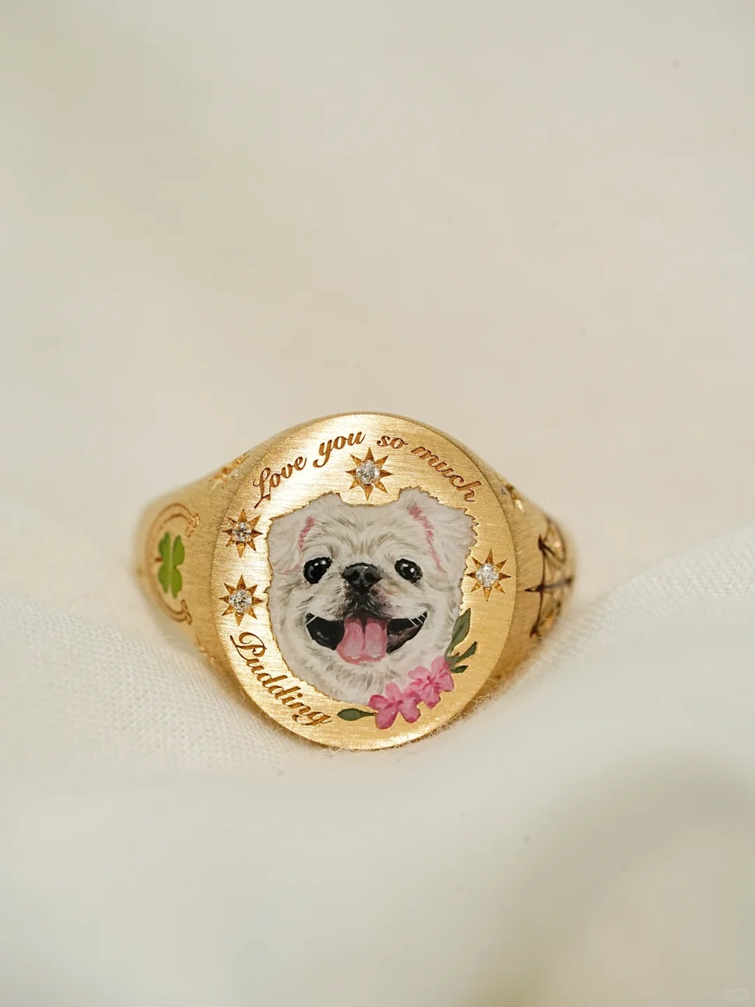Gold custom pet portrait ring with a painted pet portrait