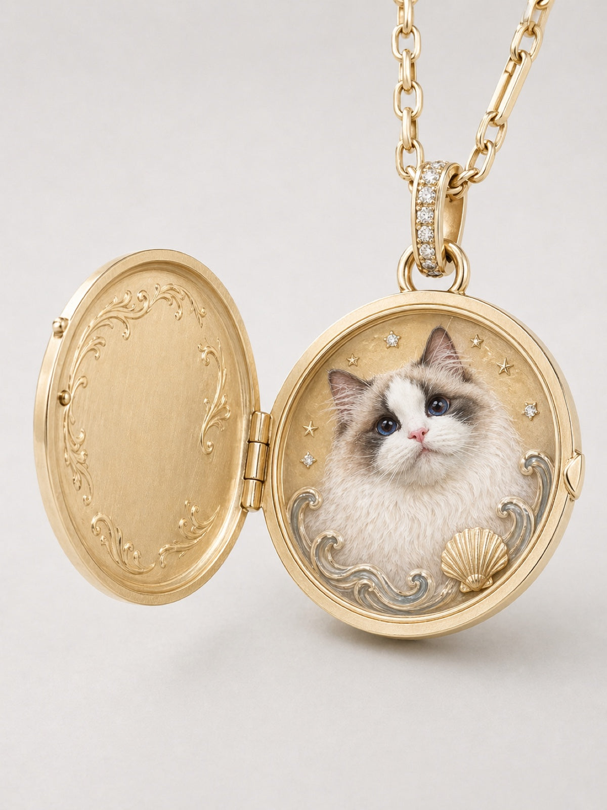 Open gold custom pet portrait locket with cat portrait and ocean details
